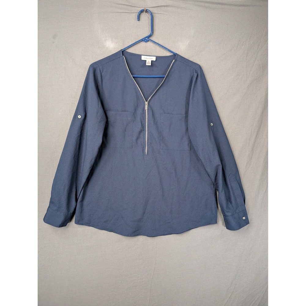 Calvin Klein Womens‎ Navy Blue Zip V-Neck Roll Tab Sleeve Blouse M 5526